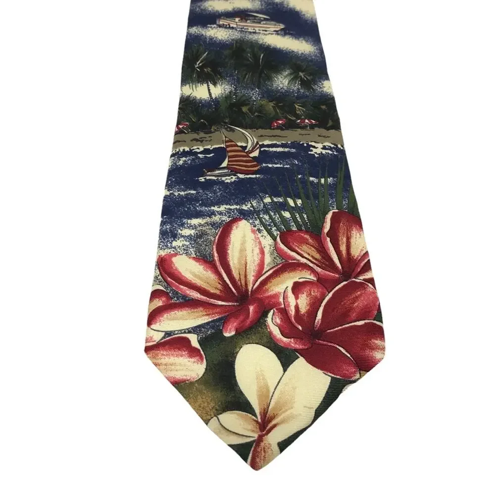 Oscar de la Renta Neckwear Silk Tie-Beach Scene, Plumeria, Boats, Palms